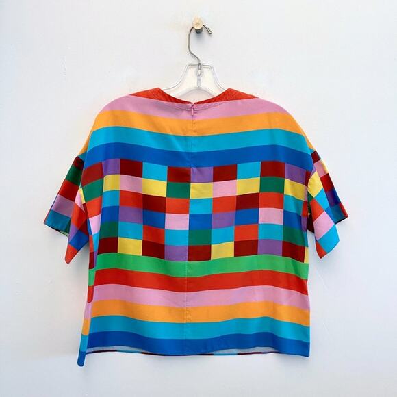 Valentino 1973 Check Panama Silk Top Rainbow Blouse Multicolor Stripe - Picture 3 of 12